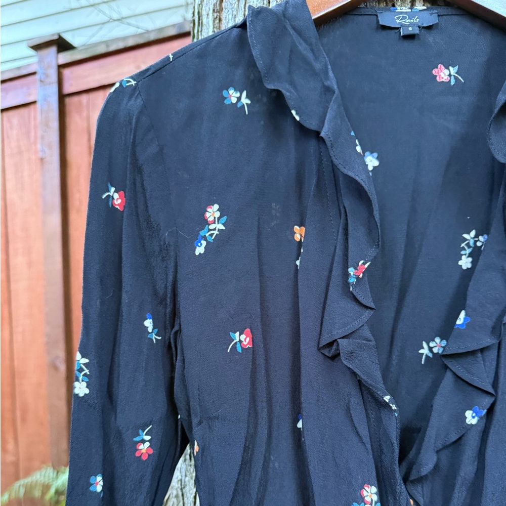 Rails Simone Kyoto Black Floral Wrap Blouse with Front Ruffle and Button Sleeves